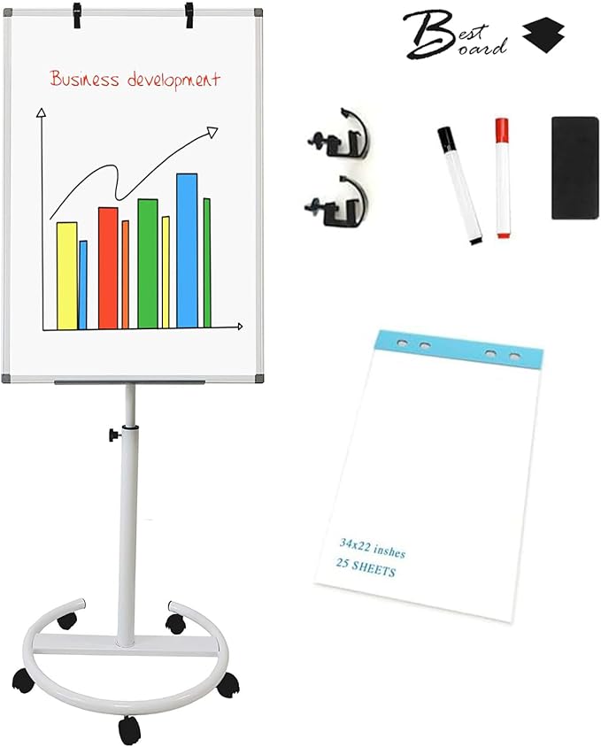 Mobile Dry Erase Board 36x24 Inches – Adjustable Rolling Whiteboard on Wheels, Stand Easel with Markers & Eraser, Includes 25-Sheet Paper Pad for Office, Classroom, Home
