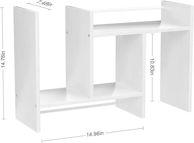 Desktop Organizer Shelf, Adjustable Wooden Double-Tier H-Shape Mini Bookcase, Multi-Use Office Storage Rack for Desk Top/Corner, Table Top Shelving & Office Organization Accessories (White)