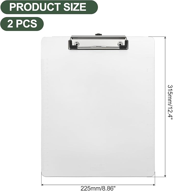 M&G 2 Pcs Plastic Clipboards 12.4 x 8.9 Inch, Ruler Clip Boards with Low Profile Metal Clip Holds 110 Sheets of A4 Letter Size Paper for Office Classroom, Transparent Brown