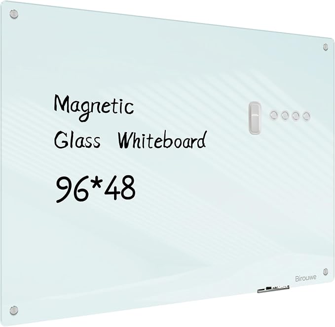 Magnetic Glass Whiteboard - Glass Dry Erase Board 48"x96" Large Frameless Board for Walls Office School and Home