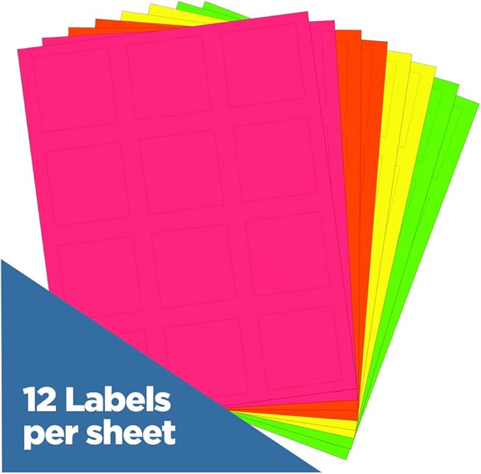 JAM PAPER Product & Container Labels - Square - 2 x 2 - Assorted Neon Colors - 120/Pack