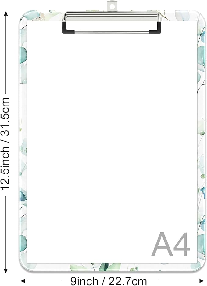 Rimilak Plastic Clipboards with Metal Clip, A4 Letter Size 9 x 12.5 in, Office Decorative for Students Women Men and Kids, Cute Custom Pattern, Green Leaves