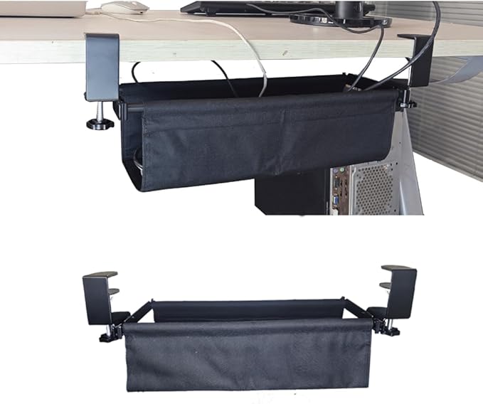 Under Desk Cable Management Tray, 15.7" Cord Organizer for Desk, No Drill,Clamp Mount Fabric Cable Management Tray for Office, Home(Black)