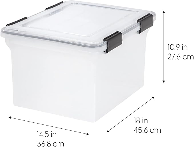 IRIS USA File Box WeatherPro File Organizer Plastic File Box for Letter/Legal File, Water Resistant Document Box, Durable Lid, Seal w/ Secure Latching Buckles, Stackable, Nestable, Clear 32 Qt. 1Pack