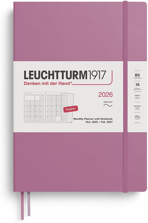 LEUCHTTURM1917 - Monthly Planner & Notebook 2026, Softcover, Composition (B5), Ruled, Dusty Rose (Nov 1, 2025 - Feb 28, 2027)