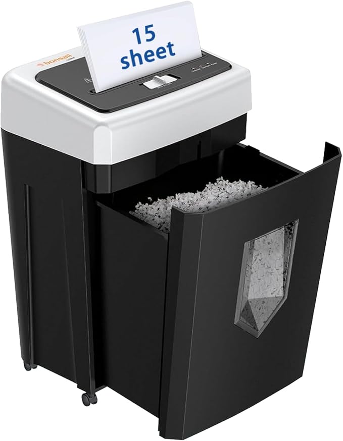 Bonsaii 15-Sheet Shredder, Office Use, 40-Minute Continuous Run Time, Heavy-Duty Cross-Cut Shredder with Jam Protection, P-4 Security Level, Destroys CDs, Credit Cards, 5-Gallon Pull-Out Waste Bin