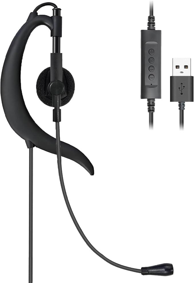 Wired USB Earbud with Microphone Single-Side USB-A Computer Headphone with Adjustable Ear Hook for PC Laptop Computer Mac Zoom Teams Office Work with Volume Controls & Mic/Speaker Mute, Lightweight