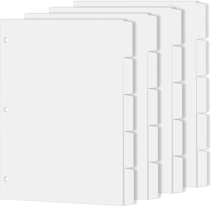 Binder Dividers for 3 Ring Binder, 1/5 Cut Tabs, Letter Size, Blank Write On Page Dividers with 5 Big Tabs for School Office Home, 4 Sets, 20 Dividers, White