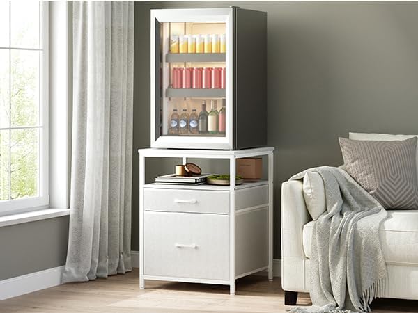 Mini Fridge Stand with 3 Storage, Mini Fridge Cabinet, Beverage Fridge Table, Heavy Duty 21.3" L* 22.7" W Tabletop, for Dorm, Apartment,Office, Bedroom White HB01BXW