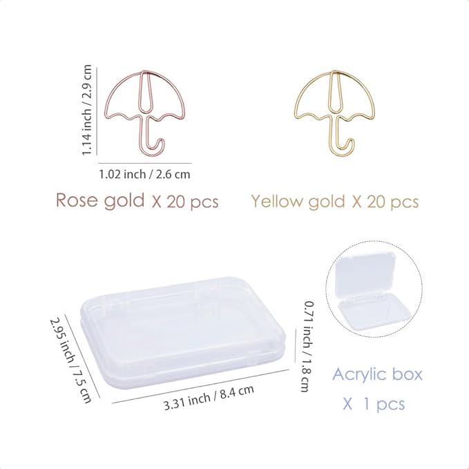 OWLFAVO 40pcs Umbrella Shape Paper Clips with Clear Box, Rose Gold and Yellow Gold, Funny Cute Paperclips Bookmarks Planner Clips for Fun Office Supplies School Gifts Wedding Decoration