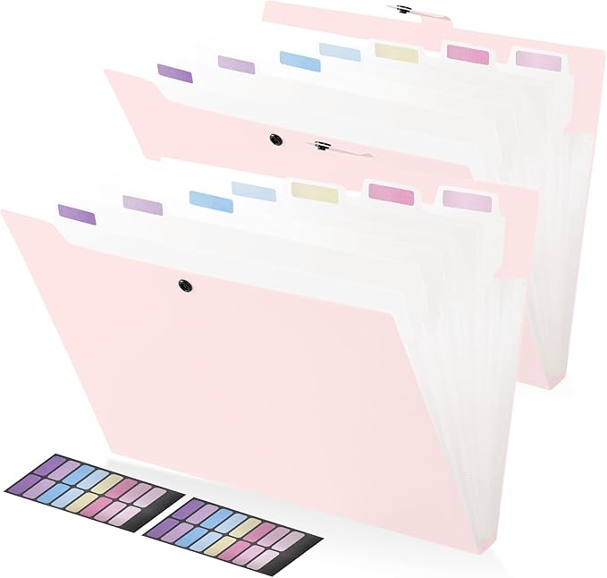 2 Pack Expanding File Folder Organizer with 8 Pockets, Accordion File Organizer for Documents, A4/Letter Size Paper File Folder Organizer with Labels, Portable Folders for School Office Supplies, Pink