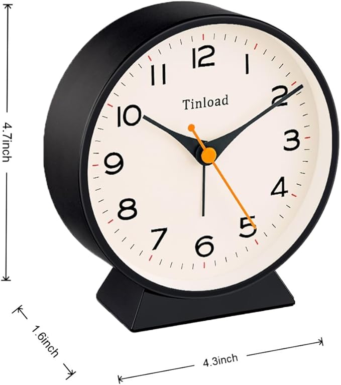 4.5" Battery Operated Retro Analog Alarm Clock, Small Silent Bedside Desk Clock,Lighted on Demand, Battery Operated, Snooze, for Living Room, Bedroom, Bedside, Desk(Black)