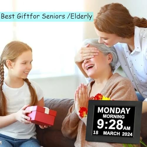 Digital Day Calendar Clock 5 Alarm Clock & 3 Medicine Reminders Extra Large 8 Inch Non-Abbreviated Day Date Month Dementia Senior Clocks for Eldarly Memory Loss Vision Impaired Clock