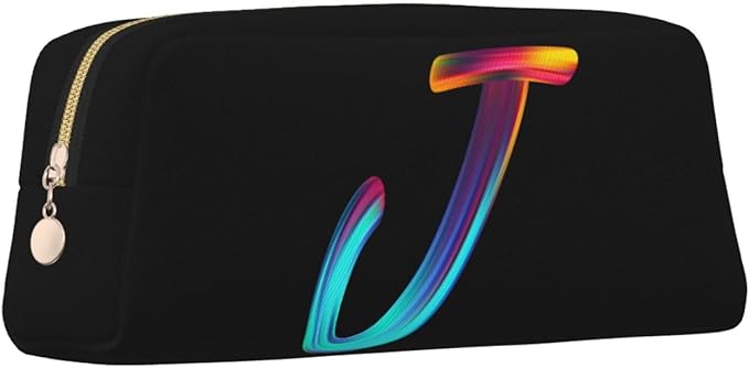 Cute Initial Pencil Case for Kids Simple Leather Pencil Pouch for Boys Girls Letter Design Pencil Box Pen Bag Pencil Pouch Office Stationery Organizer, Rainbow Letter J