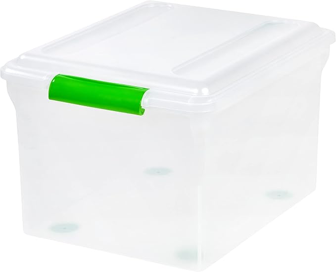 IRIS USA File Box File Organizer Plastic File Box for Letter/Legal File, BPA-Free Plastic Storage Bin Tote Organizer w/Secure Latching Lid and Easy-Slide Pad, Clear 35 Qt. 4Pack