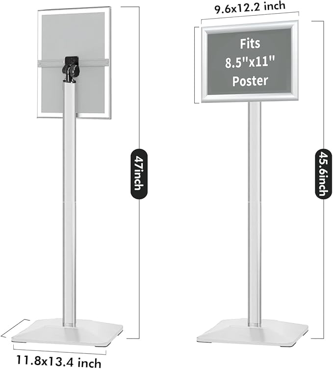 Heavy Duty Adjustable Pedestal Poster Sign Stand, 8.5x11 Aluminum Open Floor Standing Sign Holder for Vertical and Horizontal View Display (8.5x11,Silver)