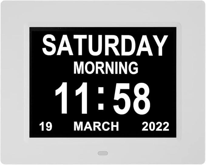 8 Inch Dementia Clock for Seniors - Extra Large Display Digital Day & Date Clock with 5 Alarms + 3 Medication Reminders, Auto-Dimmable - White Wall Clock for Elderly Bedroom