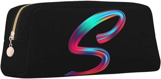 Cute Initial Pencil Case for Kids Simple Leather Pencil Pouch for Boys Girls Letter Design Pencil Box Pen Bag Pencil Pouch Office Stationery Organizer, Rainbow Letter S