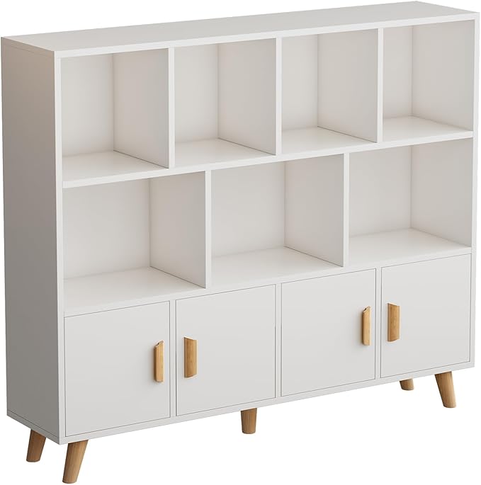 Cubby Shelf Bookcase with Doors - Wooden 11 Cube Floor Standing Open Bookshelf with Solid Wood Legs, 3-Tier Storage Cabinet, Warm White