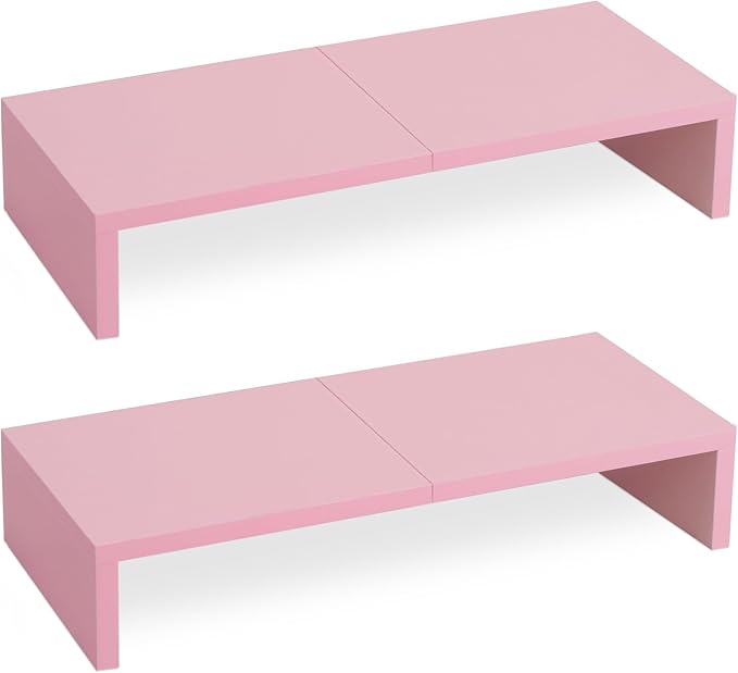 TEAMIX 2 Pack Pink Monitor Riser-20L inch, Cute Monitor Stand for Desk, Wood Sturdy TV/Screen/PC/Printer/Laptop Riser, Computer Shelf with Storage Desktop Organizer for Home Office