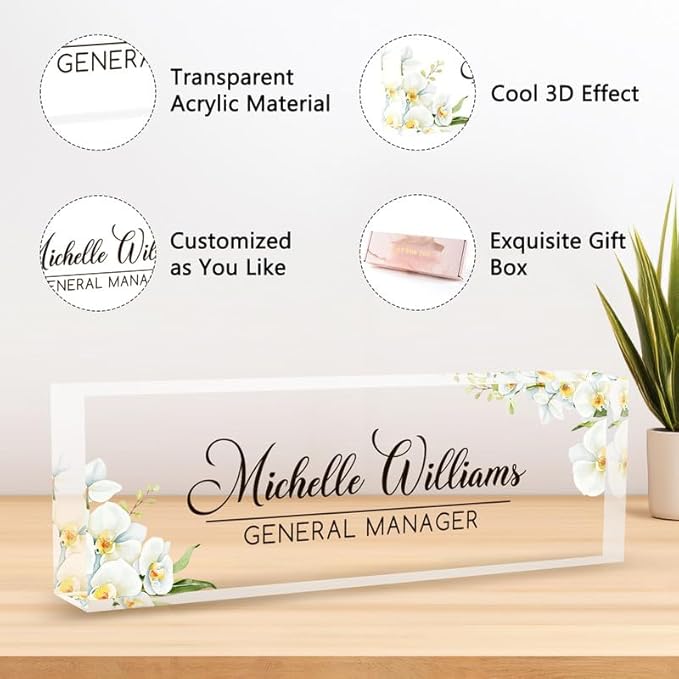 Desk Name Plate Personalized Name Plate for Desk, Office Desk Decor, 3D Style Personalized Plaque Name Plates for Desks Custom Appreciation Gifts for Boss Lady Employee Coworkers (Phalaenopsis Orchid)