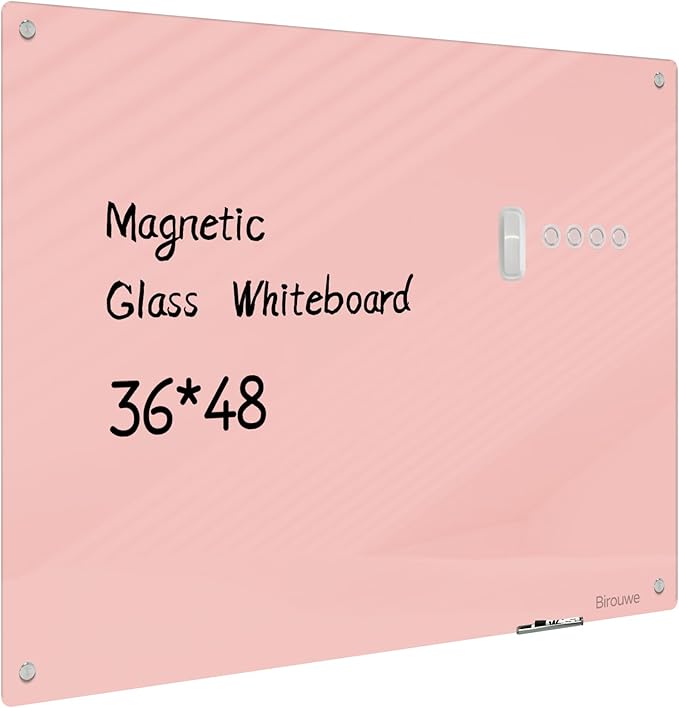 Magnetic Glass Whiteboard - 48"x36" Frameless Glass Dry Erase Board for Walls, Office, School, Home - Pink