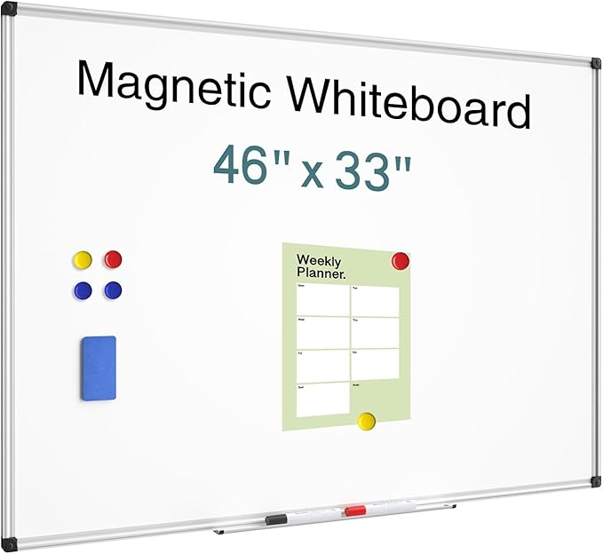 Magnetic Dry Erase Whiteboard - 46 x 33 Inch White Board - 4 x 3 Large Wall-Mounted Board with Silver Aluminum Frame, 1 Magnetic Eraser, 2 Pens, Detachable Marker Tray, 6 Magnets