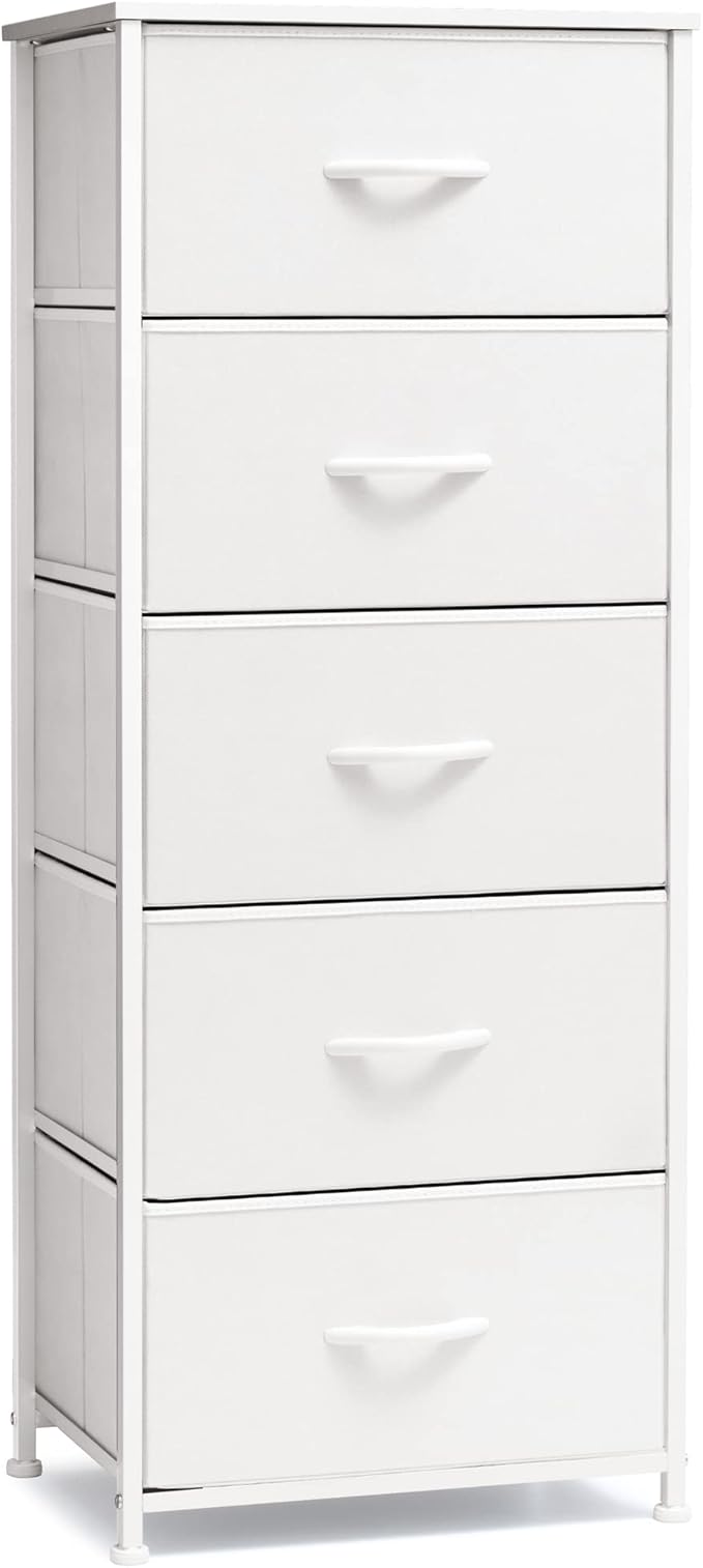 Crestlive Products Tall Dresser Vertical Storage Tower - Sturdy Steel Frame, Wood Top, Easy Pull Fabric Bins - Organizer Unit for Bedroom, Hallway, Entryway, Closets - 5 Drawers(White)