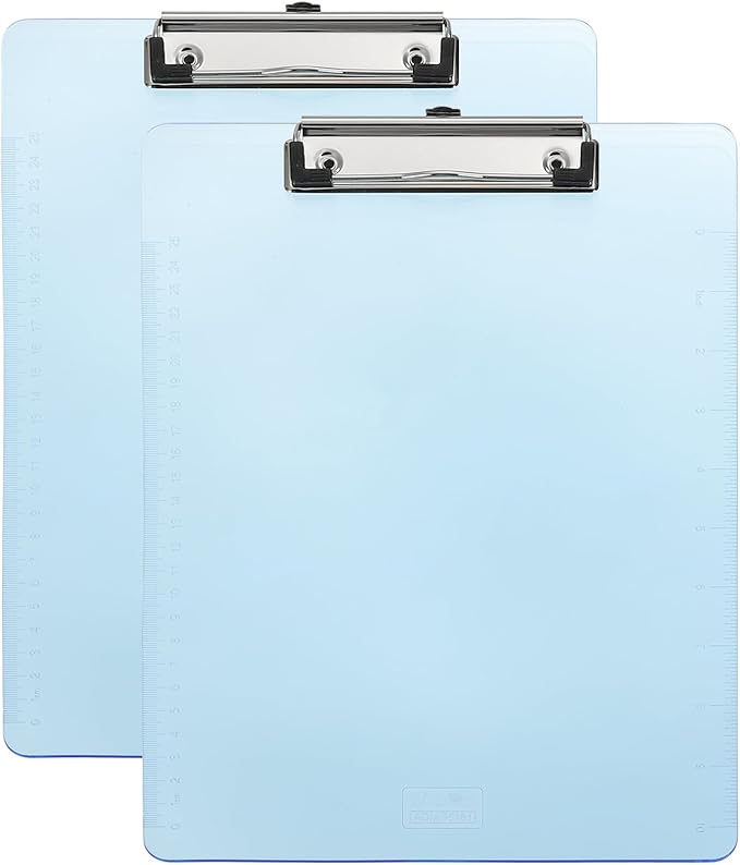 M&G 2 Pcs Plastic Clipboards 12.4 x 8.9 Inch, Ruler Clip Boards with Low Profile Metal Clip Holds 110 Sheets of A4 Letter Size Paper for Office Classroom, Transparent Blue