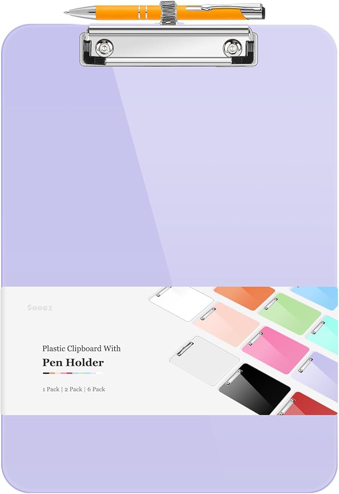 Sooez Plastic Clipboard with Pen Holder, [10% Thicker] Clip Boards 8.5x11 with Low Profile Clip, Cute Hanging Clipboard, Standard Letter Size A4 for Women Teacher, Office & School Supplies