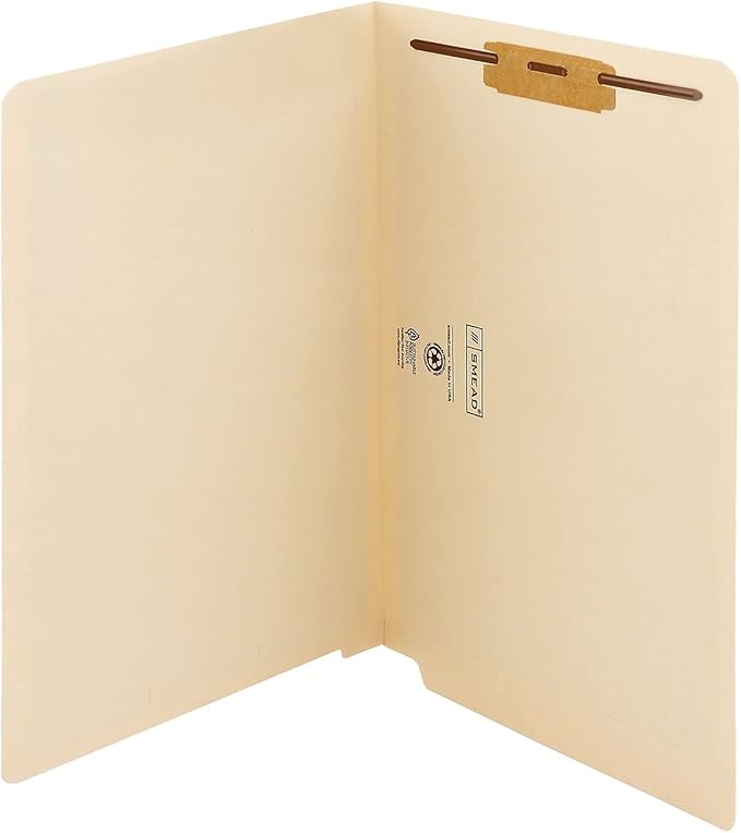Smead End Tab Fastener File Folder, Shelf-Master® Reinforced Straight-Cut Tab, 1 Fastener, Legal Size, Manila, 50 per Box (37110)