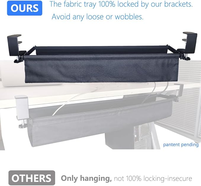 Under Desk Cable Management Tray, 31.5" Cord Organizer for Desk, No Drill,Clamp Mount Fabric Cable Management Tray for Office, Home(Black)