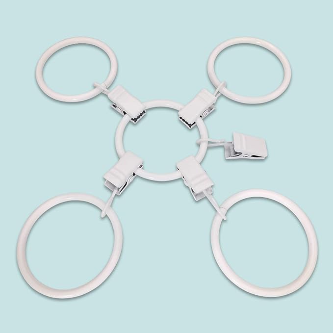 AMZSEVEN 40 Pack Metal Curtain Rings with Clips, Drapery Clips Hooks, Decorative Curtain Rod Clips 1.5 in Interior Diameter, Rustproof White
