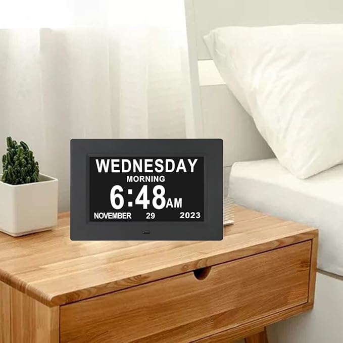 7 Inch Extra Large Day Date Time Digital Day Calendar Clock with Auto-Dimming 12 Alarm Reminders Dementia Clocks for Senior Elderly impaired Vision Memory Loss