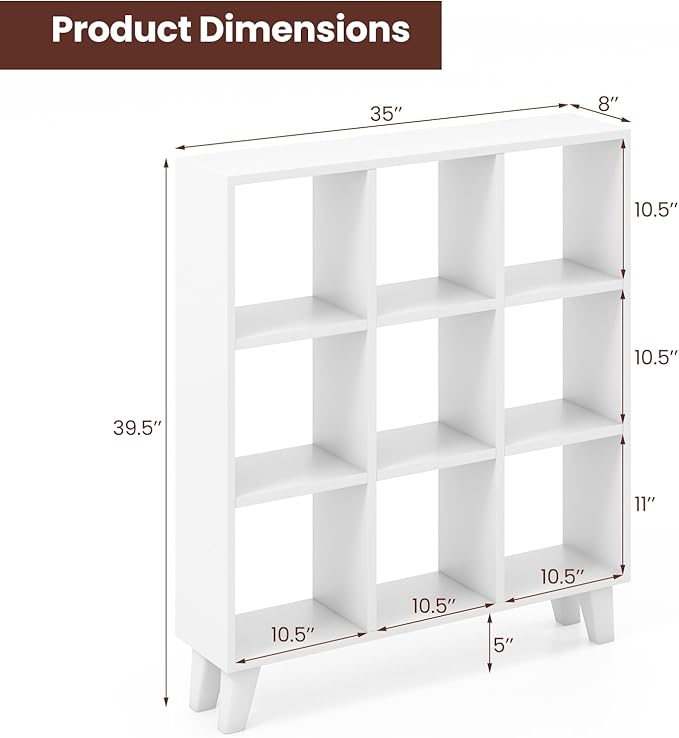 Giantex 9-Cube Open Bookcase of 2, 3-Tier Freestanding Bookshelf with 4 Slanted Legs & 6 Removable Shelves, Modern Cubby Storage Organizer, Wood Display Book Shelf for Living Room Bedroom Study, White