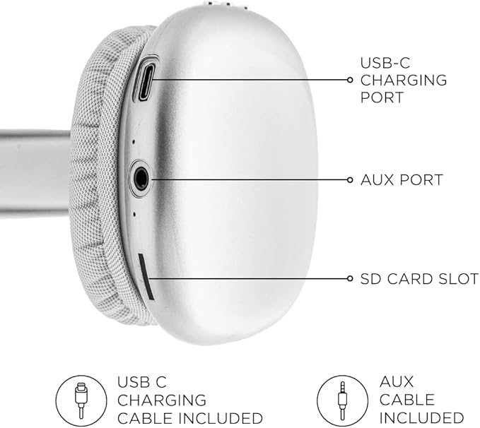 iJoy Ultra Wireless Over-Ear Bluetooth Headphones with Mic, Up to 10 Hours Playtime, Bluetooth Headset 33Ft Range with Backup AUX Cable & SD Slot, Wireless Headphones for Gaming, Work & Gym (Silver)