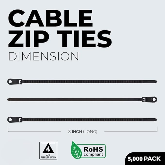 BEST CONNECTIONS Black Cable Ties – 5,000 Pcs Cable Zip Ties 8 Inch with Screw Down Hole for Mounting- Strong Nylon Wire Ties with 50 Lbs Tensile Strength – Cable Management Ties for Outdoor & Indoor