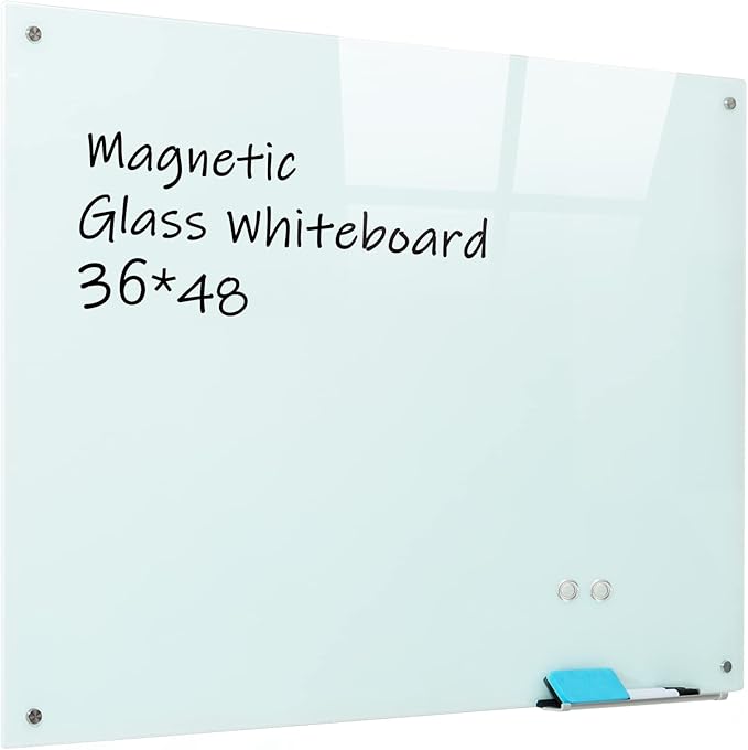 Magnetic Glass Whiteboard, 36"x48"(90x120cm) Frameless Dry Erase Board White Board Surface Wall Mounted for Office, Classroom & Home