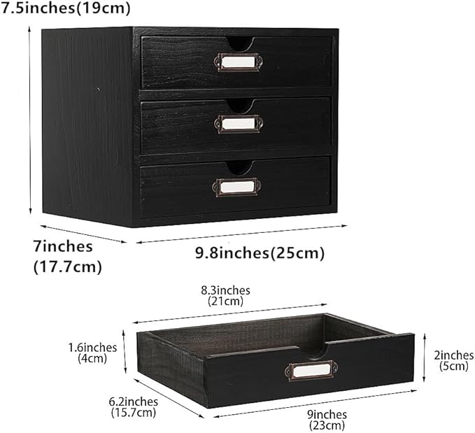 Wooden Storage Box Rustic Desktop Organizer with 3 Drawers Office Desk Accessories Shelf Small Craft Storage Containers Apothecary Cabinet and Chest Jewelry Holder for women(BLACK)