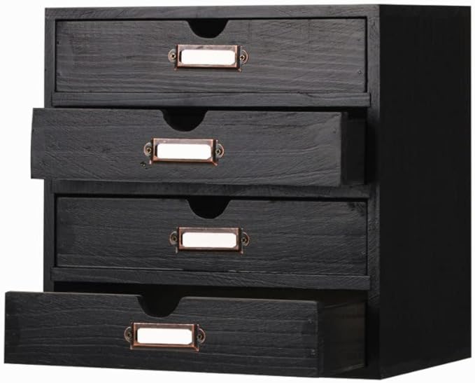 Wooden Storage Box Rustic Desktop Organizer with 4 Drawers Office Desk Accessories Shelf Small Craft Storage Containers Apothecary Cabinet and Chest Jewelry Holder for women(BLACK)
