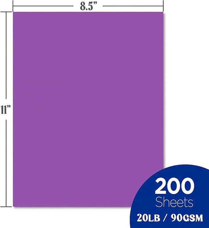 WritePads Veritas Colored Copy Paper, Purple Paper,Colored Printer Paper 8.5” x 11” Letter Size, 20 lb / 75 GSM, Purple, 200 Sheets, For Copy, Printer, Multi-Purpose, Made in USA
