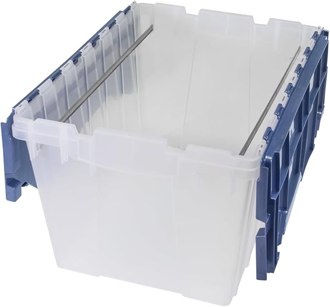 Akro-Mils KeepBox 12 Gallon Storage Container, Nesting and Stackable Plastic Storage Box with Lid Attached and Rails for Letter Size Hanging File Folders, 21" x 15" x 12", Clear/Blue
