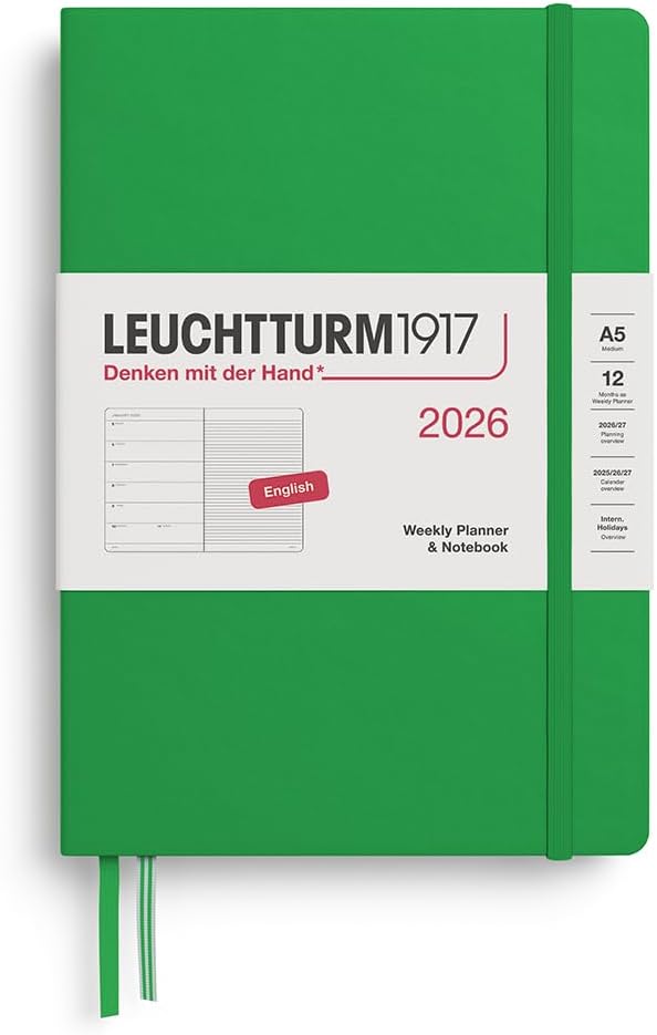 LEUCHTTURM1917 - Weekly Planner & Notebook 2026, Hardcover, Medium (A5), Ruled, Spring Leaf (Jan 1 - Dec 31, 2026)