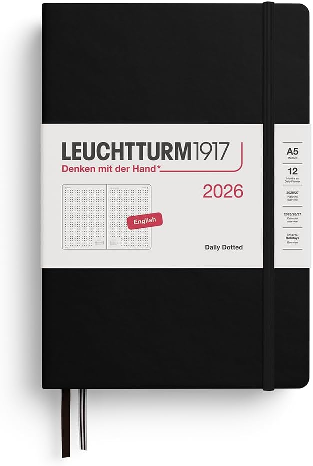 LEUCHTTURM1917 - Daily Planner 2026, Hardcover, Medium (A5), Dotted, Black (Jan 1 - Dec 31, 2026)