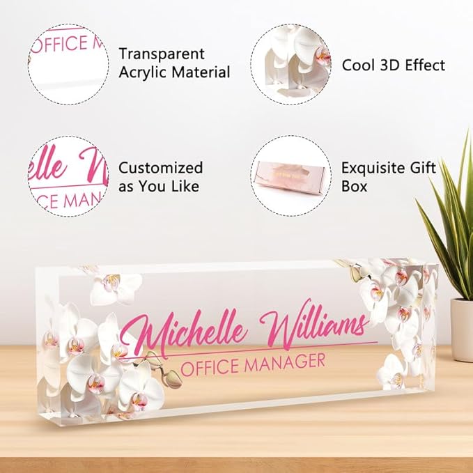 Desk Name Plate Personalized Name Plate for Desk, Office Desk Decor, 3D Style Personalized Plaque Name Plates for Desks Custom Appreciation Gifts for Boss Lady Employee Coworkers (Pink Orchid)