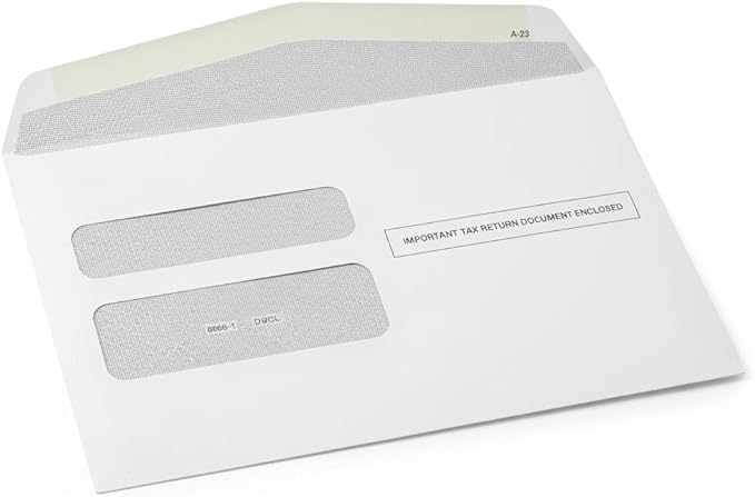 500 W2 Envelopes, Designed for Printed W2 Laser forms, W-2 Printed 2 Up Forms use by QuickBooks and other Tax Software -Gummed Seal- Double Window Security Envelopes Box of 500