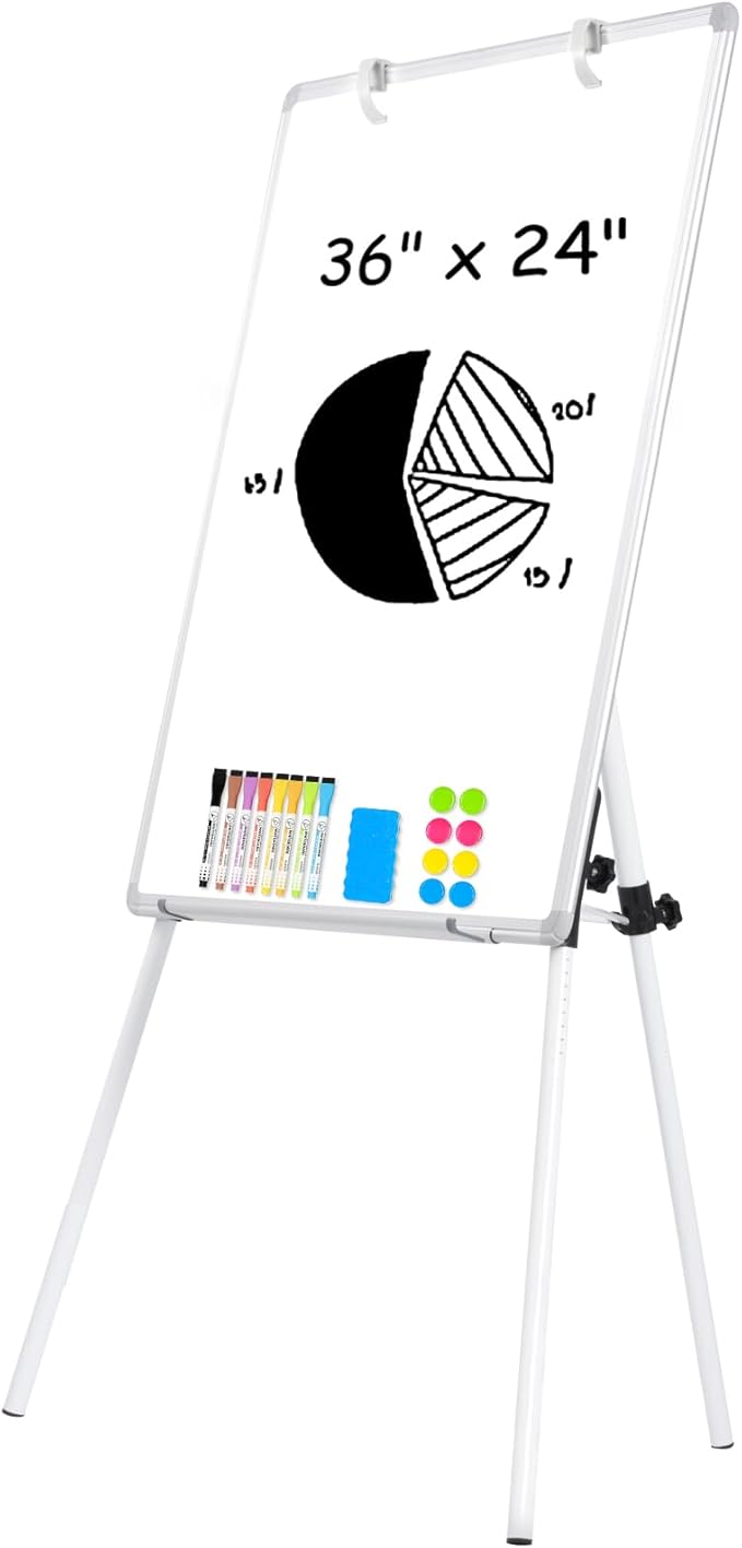 Magnetic Whiteboard Easel, 36"x24" Height Adjustable Dry Erase Board with Stand, Large Aluminium Frame White Board for Teaching, Flipchart Standing Writing Board for Office, Home (White)