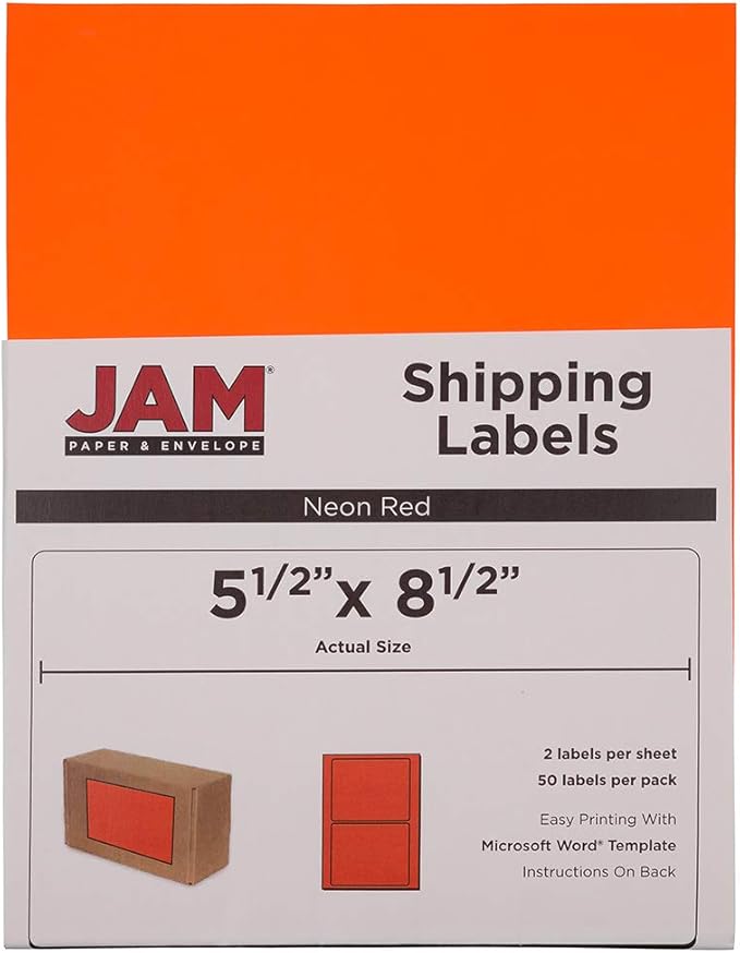 JAM PAPER Shipping Labels - Half Page - 5 1/2 x 8 1/2 - Neon Deep Red/Orange - 50/Pack