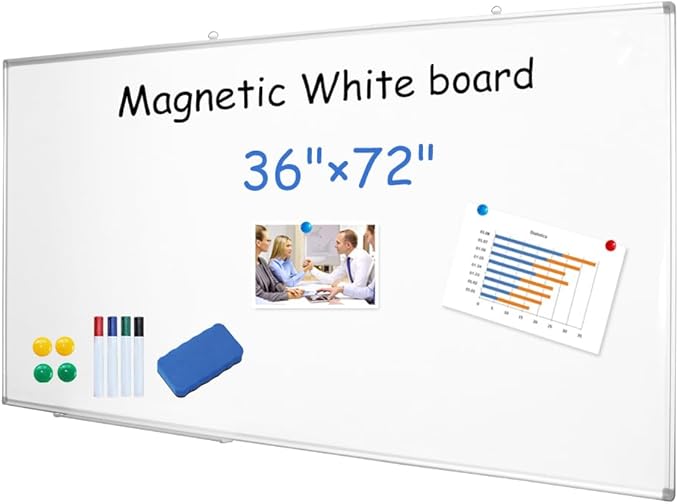 XIWODE magnetic dry erase board, wall-mounted whiteboard, 36 x 72 inches, silver aluminum alloy frame, durable, smooth surface, easy to write and clean, large writing board