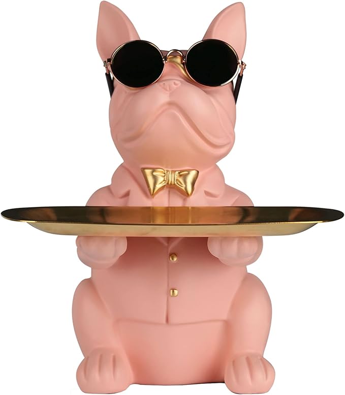 Modern Bulldog Statue in Pink Resin - Piggy Bank Key Holder Storage, Candy & Jewelry Tray for Home Decor, Dining Table, Office
